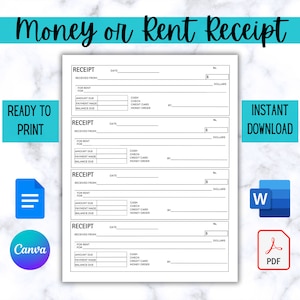 Receipt Template, Invoice Template, Printable Receipt, Money or Rent Receipt, Business Receipt, Receipt Book Instant Download PDF