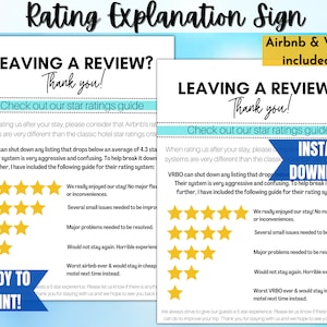 Airbnb Rating Explanation Sign, Feedback sign Template for Vrbo, Leave us a review sign, Airbnb Rating Sign Template 5 star rating review