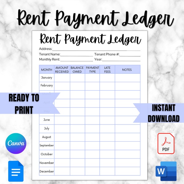 Rental Ledger Rent Payment Tracker Ledger - Landlord Rent Payment Sheet - Monthly Rent Tenant Payment Log - PDF Instant Download Printable