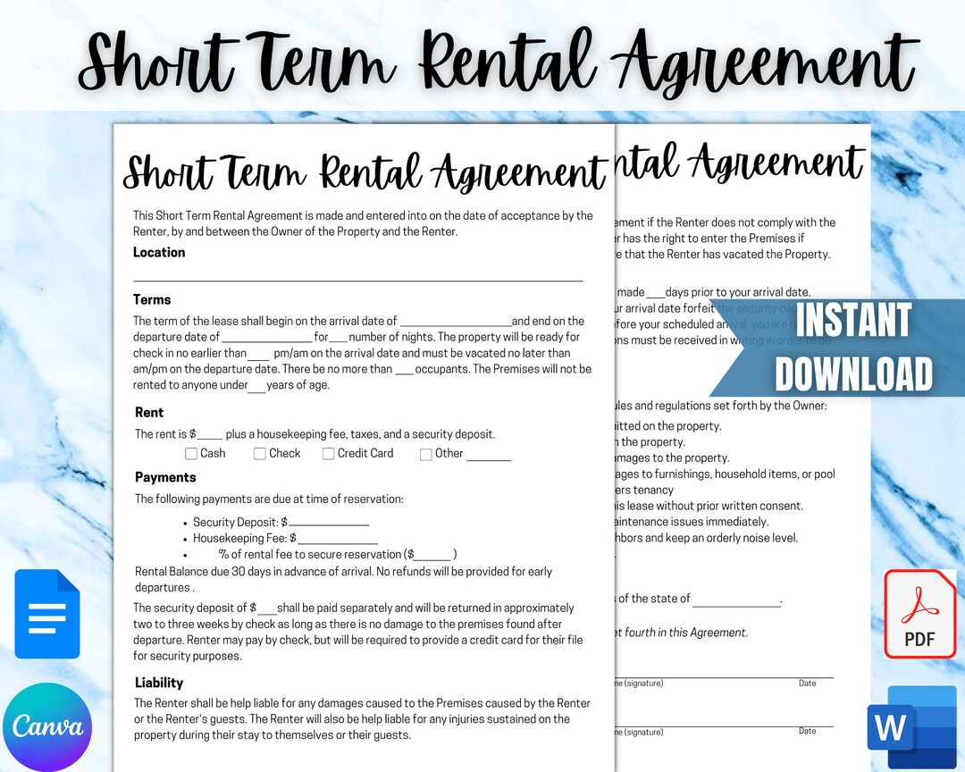 Short Term Rental Agreement Vacation Rental Lease Agreement for VRBO Short Term Rental Agreement Vacation Rental Lease Agreement for VRBO