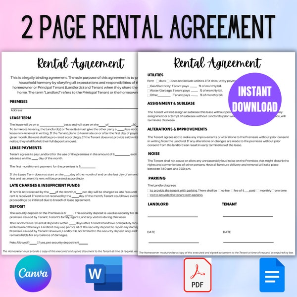 Rental Agreement Contract, Lease Contract Template, Printable Rental Landlord Form, Rental Agreement Template, Editable Instant Download PDF