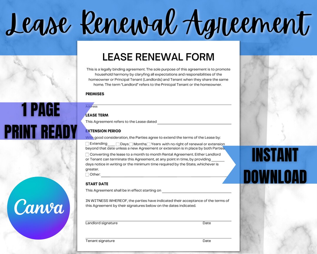 Lease Renewal Agreement Form Landlord Rental Agreement Form Etsy