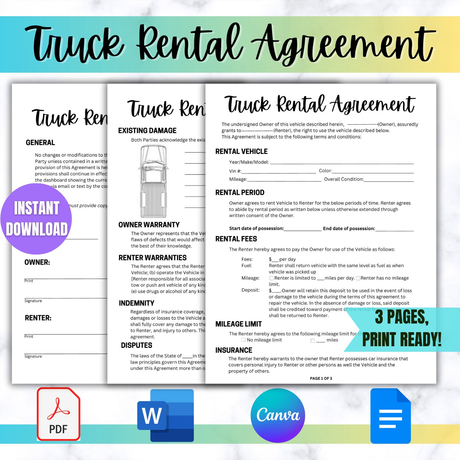 Truck Rental Agreement - Car Rental Agreement Contract for Truck Lease ...