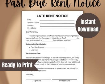 Late Rent Notice - Past Due Rent Notice - Past Due Balance - Landlord Forms - Printable Late Rent Form - Overdue Balance - Outstanding Rent