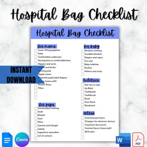 Lista de verificação de bolsa hospitalar - Bolsa de parto - Lista de verificação de nova mãe - Lista de maternidade para hospital - Lista de verificação de bolsa hospitalar - Lista para embalagem hospitalar