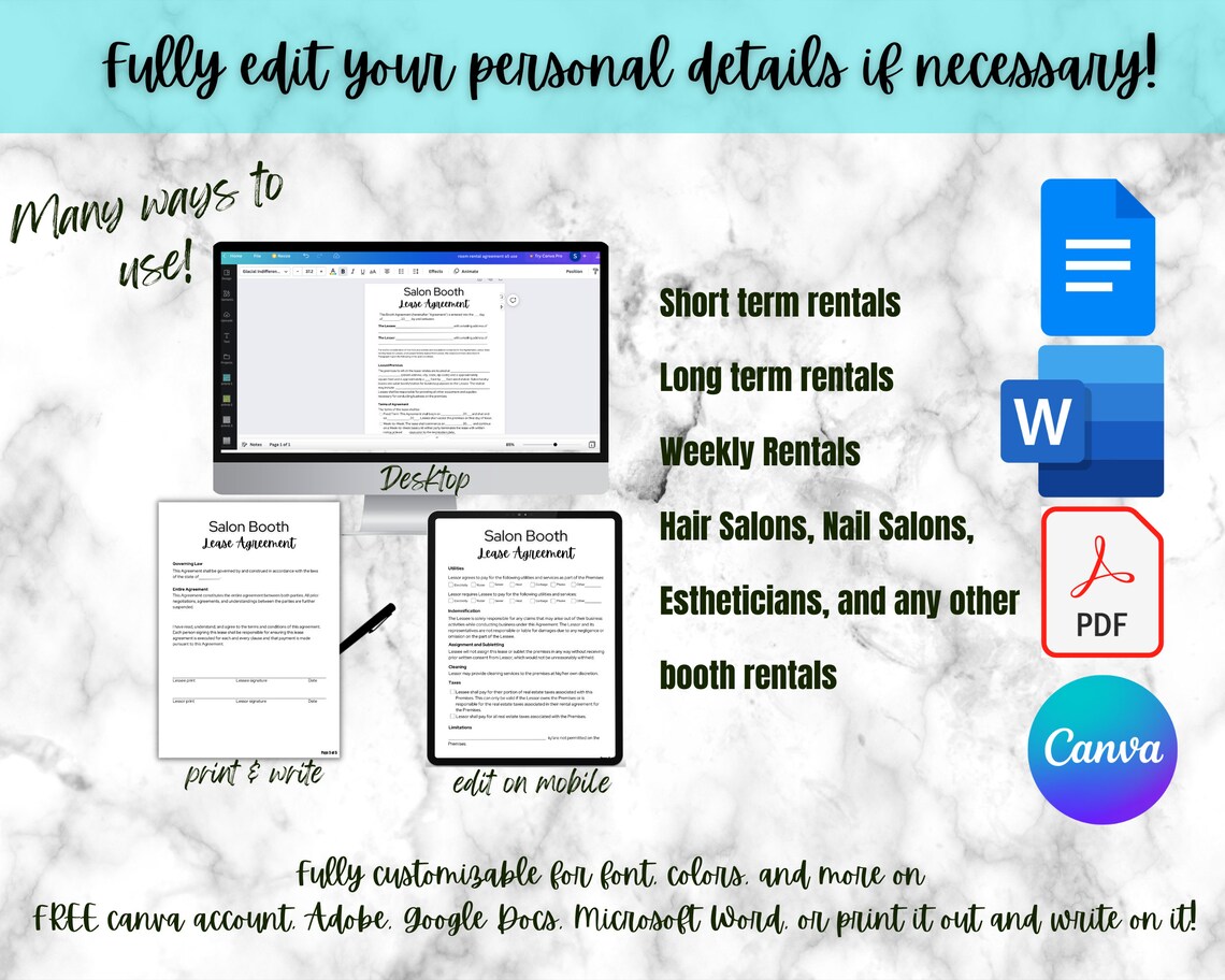 Salon Booth Rental Agreement Contract, Editable Booth Rental Agreement