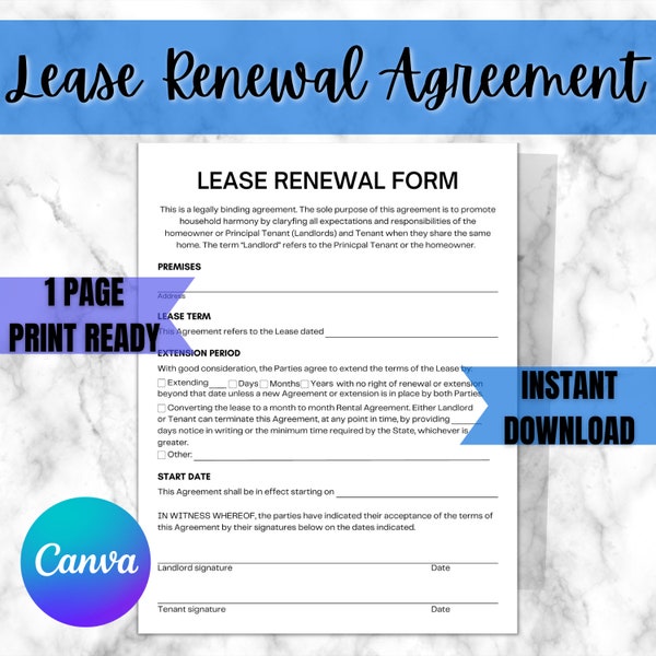 Lease Renewal Agreement Form, Landlord Rental Agreement Form for Renewal, Notice to Renew Tenancy Agreement