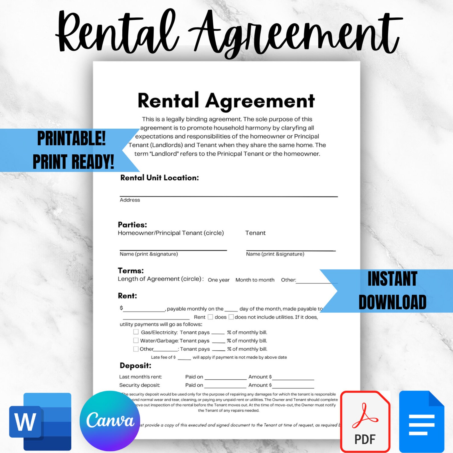 Rental Agreement Printable Contract Lease Template for Short Term ...