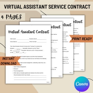 Virtual Assistant Agreement, Service Contract Template Virtual Assistant, Editable Customizable Virtual Personal Assistant Contract Template