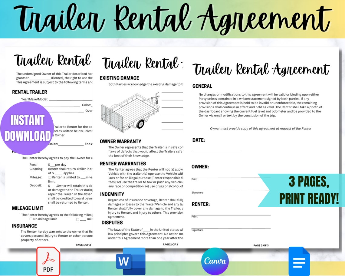 Trailer Rental Agreement Contract Utility Trailer Rental Form Editable Trailer Rental Agreement Contract Utility Trailer Rental Form Editable