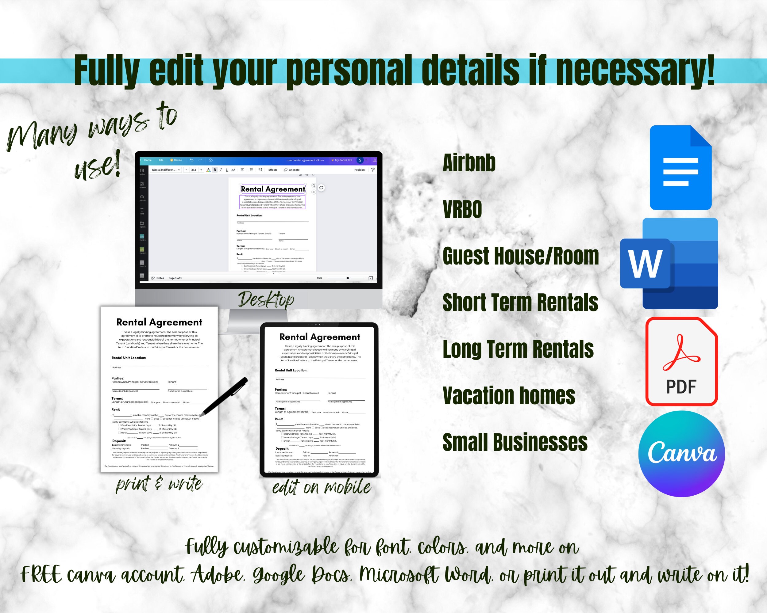 Rental Agreement Printable Contract Lease Template for Short Term ...