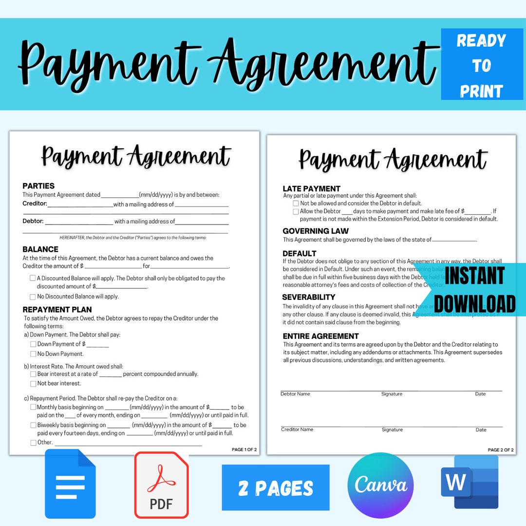 payment agreement contract template, payment plan agreement, agreement to pay contract, written payment agreement form, layaway agreement - etsy