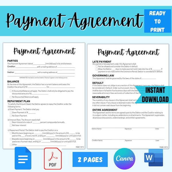 Payment Agreement Contract Template, Payment Plan Agreement, Agreement to Pay Contract, Written Payment agreement form, Layaway Agreement