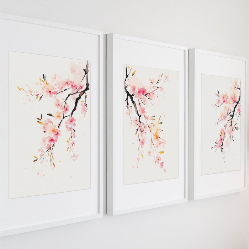 Printable Wall Art, Set of 3 Prints, Watercolor Cherry Blossom Wall ...