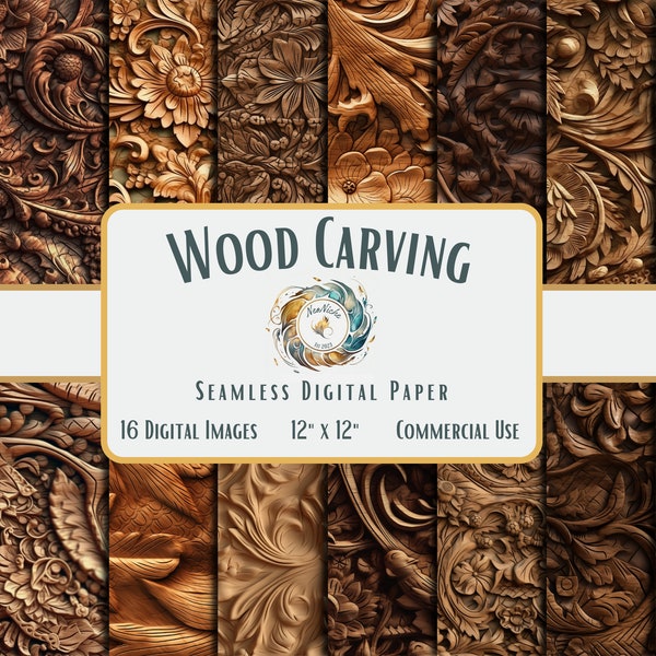 Wood Carving Digital Paper | Floral Patterns Carved Wood Texture, Beautiful Design | Seamless Digital Paper, Commercial Use Instant Download