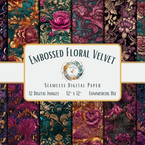 Embossed Floral Velvet Digital Paper for Scrapbooking, Invitations, Gift, Fashion Flowers Pattern, Royal | Seamless Design | Commercial Use