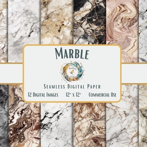 May include: A digital paper pack featuring 12 seamless marble patterns in various colors, including white, black, gold, brown, and pink. The patterns are 12 inches by 12 inches and are for commercial use.