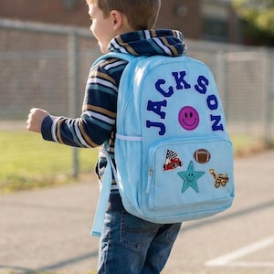 Personalized Boy Backpack with Name Custom School Bookbag Blue Knapsack with Patches Backpack for Sport Bag for Little Boy Gift for Birthday