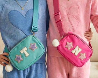 Personalized Chenille Patch Fanny Pack Nylon Crossbody Bag Kid Gift Custom Cross Body Bag Young Girl Gift 8 Year Old Girl Purse with Patches
