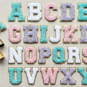 Chenille Iron On Letter Patch Gold Trim Varsity Letter for Denim Jacket Patch Pastel Letter Appliqué for DIY Sewing Project Alphabet Patches