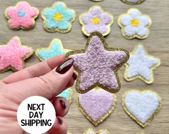 Chenille Star Patch for Bag DIY Self Adhesive Patch for Jacket Flower Patch for Girls Glitter Chenille Patch for Cosmetic Nylon Bag Stick On