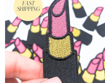 Lipstick Iron On Patch Embroidered Pink Lipstick Patch Jacket Patch Makeup Sew On Patch Girly Bag Patches Cosmetics Iron-On DIY Clothing