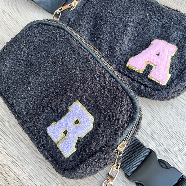 Customized Chenille Letter Patch Fanny Pack for Teenager Gift Idea Personalized Initial Bag for Preteen Girl Gift Custom Crossbody Bag Teddy