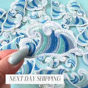 Iron On Wave Patch Blue Ocean Applique for Jacket Denim Patch Backpack Iron-On Patch Embroidered Ocean Applique Clothing Blue Wave Patches