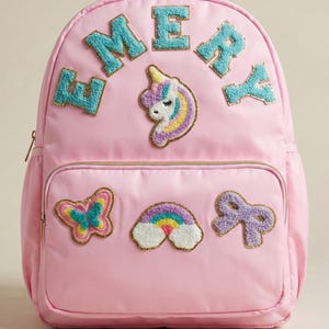 Mochila de nailon personalizada para niños, mochila escolar personalizada con parche de chenilla, mochila con letras estilo universitario, mochila con parche de letras de chenilla para niña, regalo
