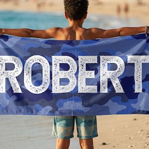 Custom name towel Robert held at beach, summer present boy bath wrap personalized name gift custom summer camp birthday favor pool party gift for little boy