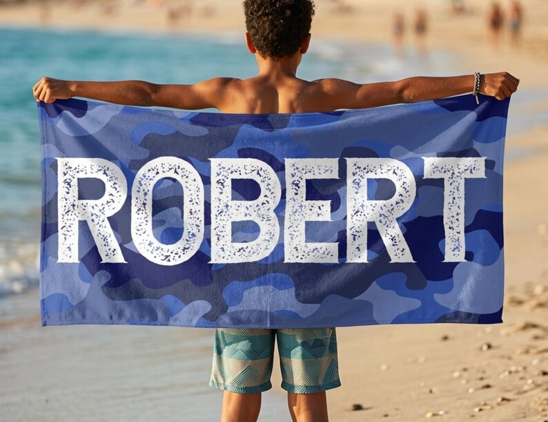 Custom name towel Robert held at beach, summer present boy bath wrap personalized name gift custom summer camp birthday favor pool party gift for little boy