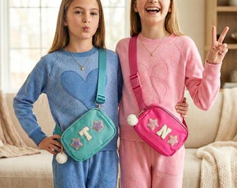 Personalized Chenille Patch Fanny Pack Nylon Crossbody Bag Kid Gift Custom Cross Body Bag Young Girl Gift 8 Year Old Girl Purse with Patches