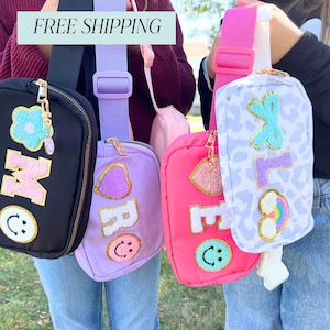 Monogram Bag Personalized Hip Bag for Girls Pastel Bag with Varsity Patch Bag Girl Holiday Gift Custom Nylon Fanny Pack with Letter Patches