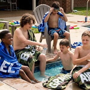 Boys sitting poolside with custom name towels, summer present boy bath wrap personalized name gift custom summer camp birthday favor pool party gift for little boy