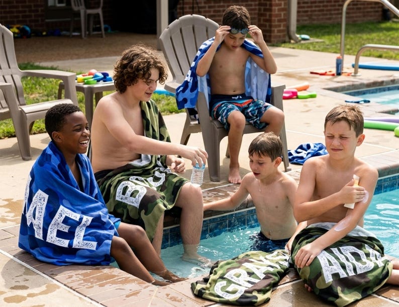 Boys sitting poolside with custom name towels, summer present boy bath wrap personalized name gift custom summer camp birthday favor pool party gift for little boy