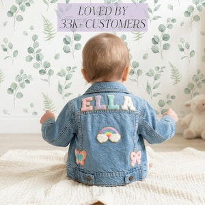 Custom Baby Denim Jacket with Chenille Initial Patch Jacket Personalized First Birthday Gift for Baby Girl Keepsake Jean Jacket from Grandma