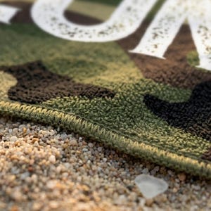 Close up camo personalized towel texture detail, summer present boy bath wrap personalized name gift custom summer camp birthday favor pool party gift for little boy