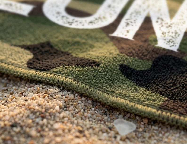 Close up camo personalized towel texture detail, summer present boy bath wrap personalized name gift custom summer camp birthday favor pool party gift for little boy