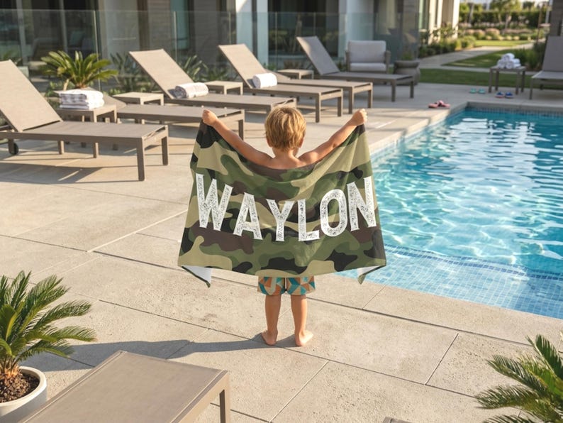 Beach towel with name Waylon by pool, summer present boy bath wrap personalized name gift custom summer camp birthday favor pool party gift for little boy