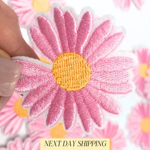 Pink Daisy Embroidered Patch: Iron On or Sew On Applique