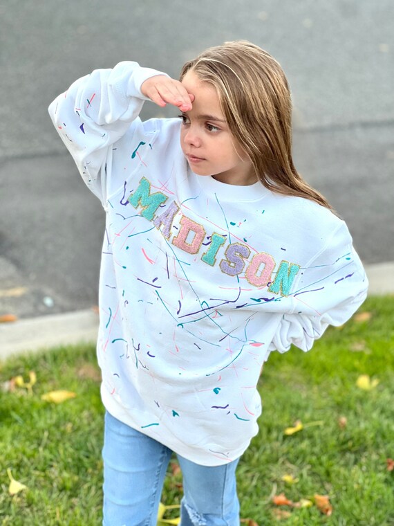 Chenille Patch Sweatshirt Kid Personalized Name Sweatshirt Glitter Patch Sweatshirt Custom Gift for Girl Crewneck Sweatshirt Custom Kid Gift Etsy UK