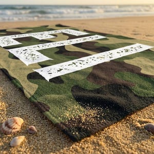 Camo personalized towel arranged on beach, summer present boy bath wrap personalized name gift custom summer camp birthday favor pool party gift for little boy