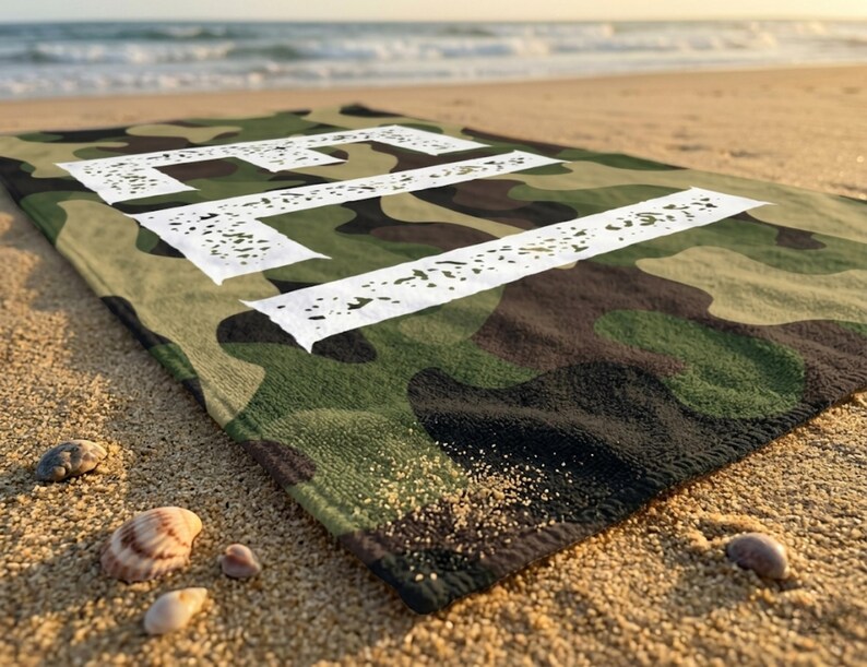 Camo personalized towel arranged on beach, summer present boy bath wrap personalized name gift custom summer camp birthday favor pool party gift for little boy