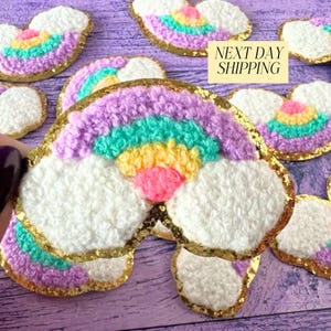 Pastel Rainbow Chenille Patch Gold Glitter Accent Iron-On Appliqué for Little Girl Patches for Backpack Patches for Clothing for Girl Gift