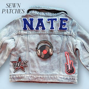 Boys Denim Jacket Birthday Gift Toddler Boy Varsity Patch Jacket Custom Name Design Personalized Outerwear Light Wash Denim Embroidered