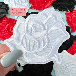 Iron On Rose Patch Flower Applique White Embroidered Patch Red Rose Iron On Patch Jacket Patches Black Rose Decorative Patch Embellishment