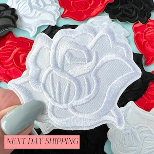 Iron On Rose Patch Flower Applique White Embroidered Patch Red Rose Iron On Patch Jacket Patches Black Rose Decorative Patch Embellishment