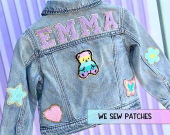 Veste avec patch en chenille pour fille, cadeau de premier anniversaire, prénom personnalisé pour bébé, cadeau pour un an, tenue d'anniversaire pour tout-petit, veste en jean pour enfant