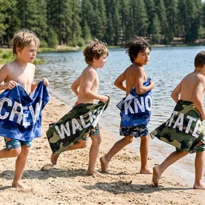 Kids running on beach with custom name towels, summer present boy bath wrap personalized name gift custom summer camp birthday favor pool party gift for little boy