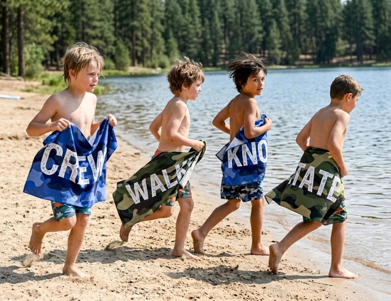 Kids running on beach with custom name towels, summer present boy bath wrap personalized name gift custom summer camp birthday favor pool party gift for little boy